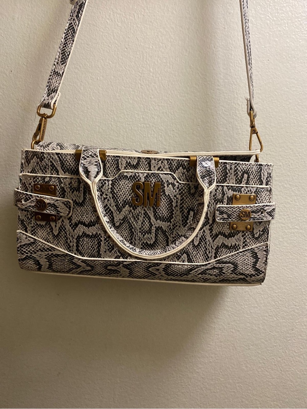 Steve Madden Snake-Print Shoulder Bag in Black & Cream with Gold Hardware